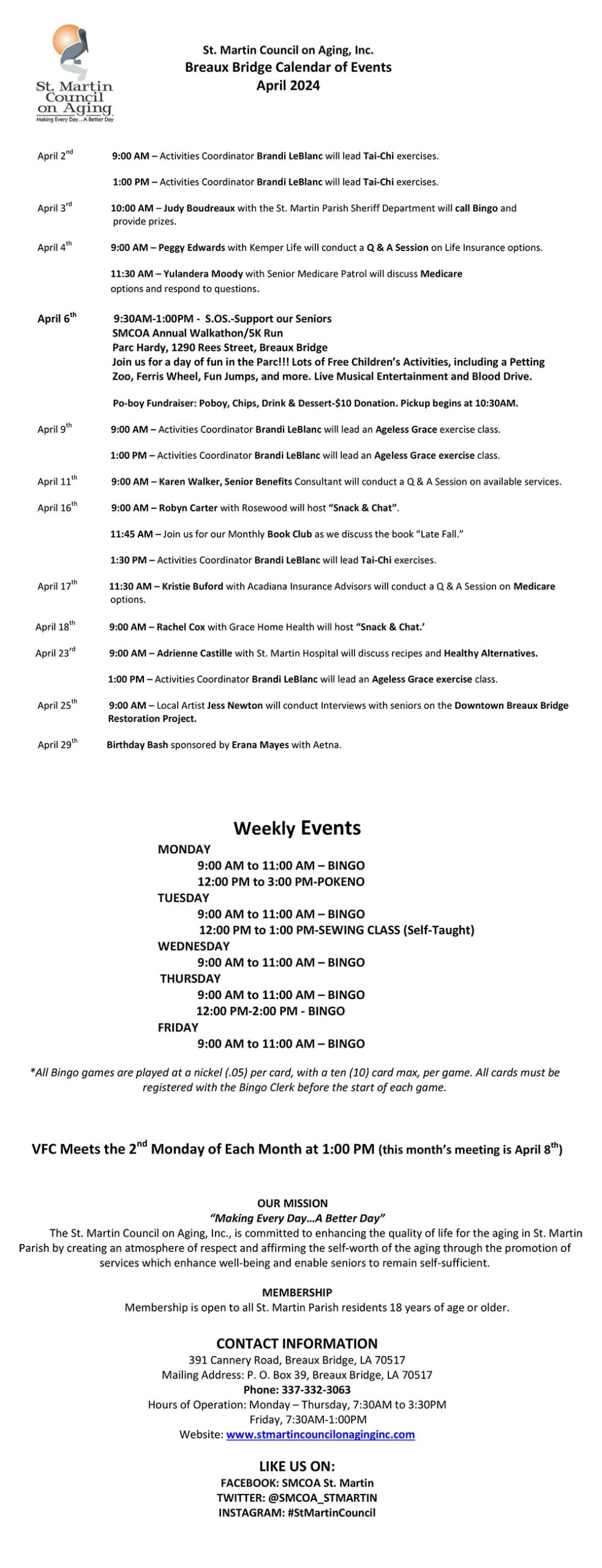 St. Martin Council on Aging, Inc. Breaux Bridge Calendar of Events April 2024