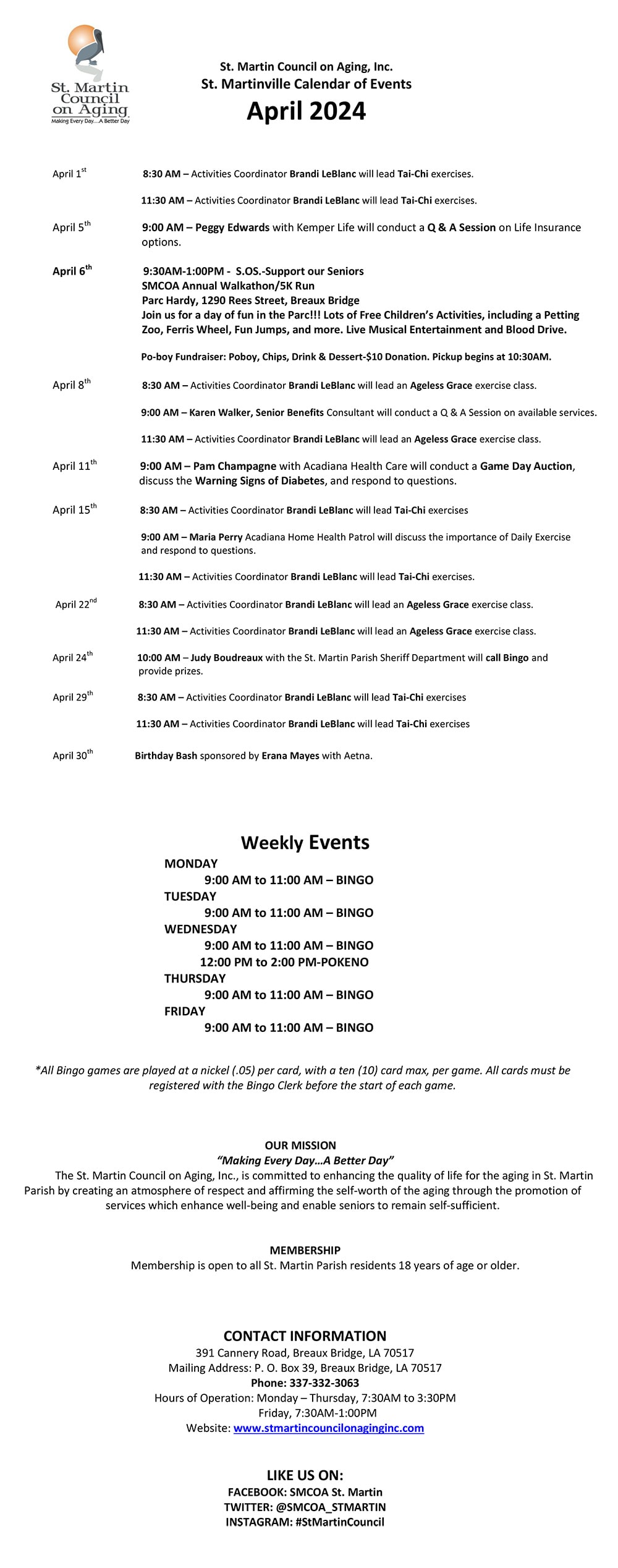 St. Martin Council on Aging, Inc.St. Martinville Calendar of EventsMarch 2024