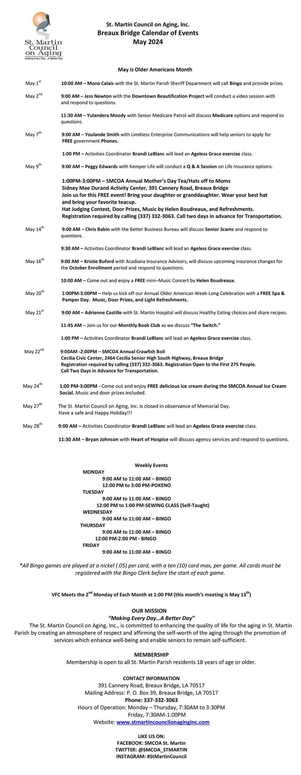 St. Martin Council on Aging, Inc.Breaux Bridge Calendar of Events May 2024