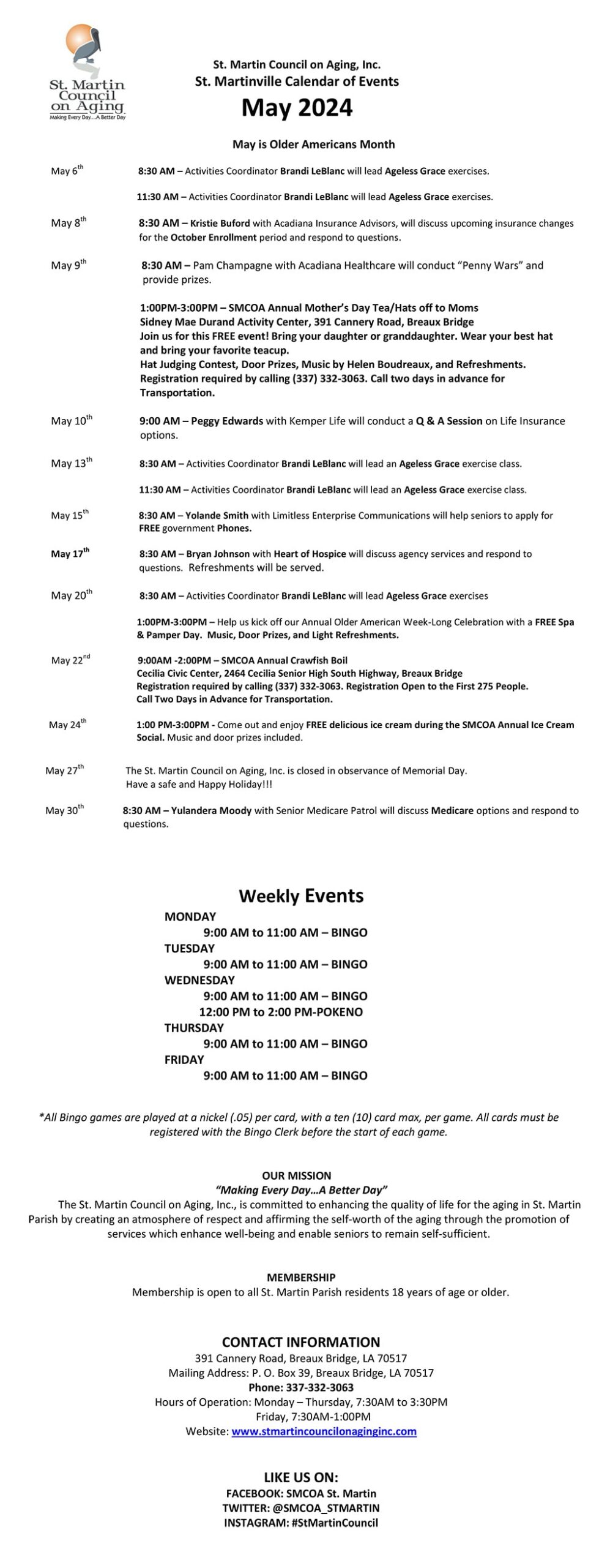 St. Martin Council on Aging, Inc. St. Martinville Calendar of Events May 2024