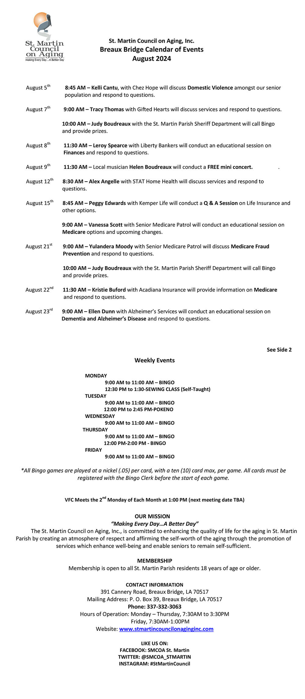 St. Martin Council on Aging, Inc. Breaux Bridge Calendar of Events August 2024