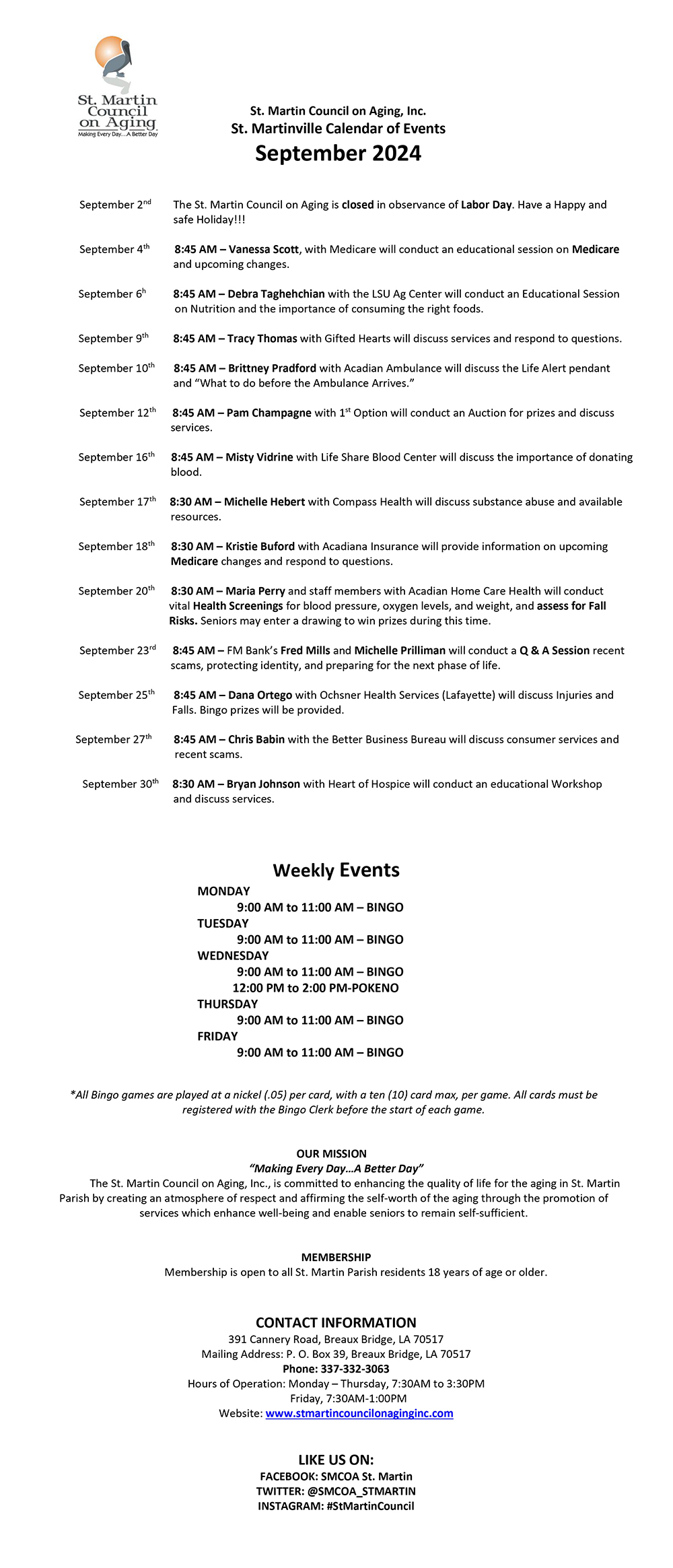 St. Martin Council on Aging, Inc. St. Martinville Calendar of Events September 2023