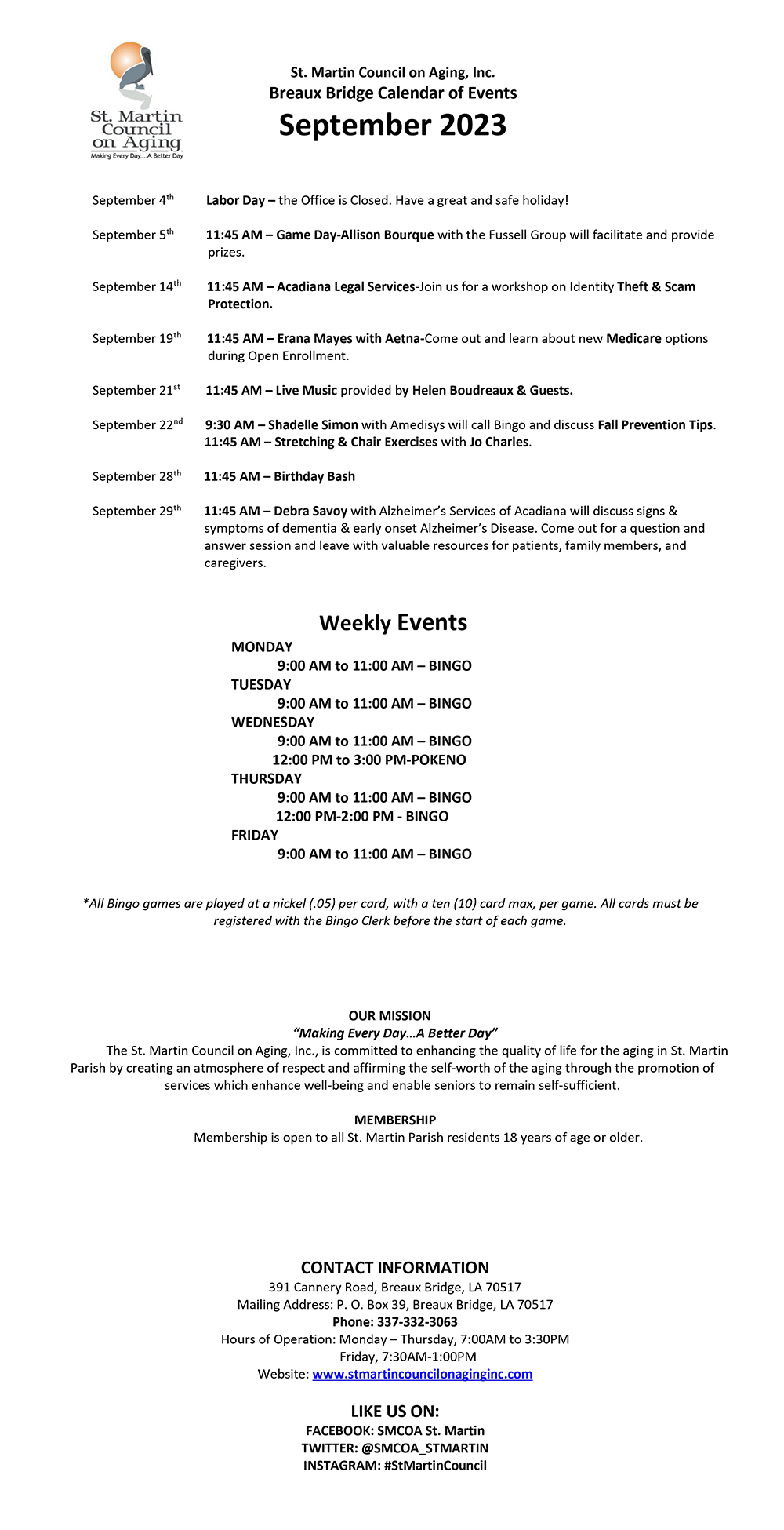 St. Martin Council on Aging, Inc. St. Martinville Calendar of Events September 2023