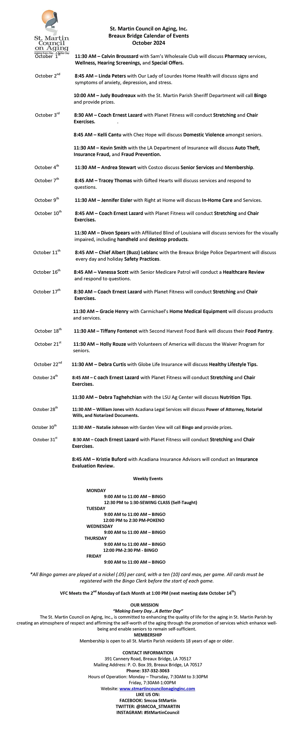 St. Martin Council on Aging, Inc. Breaux Bridge Calendar of Events October 2024