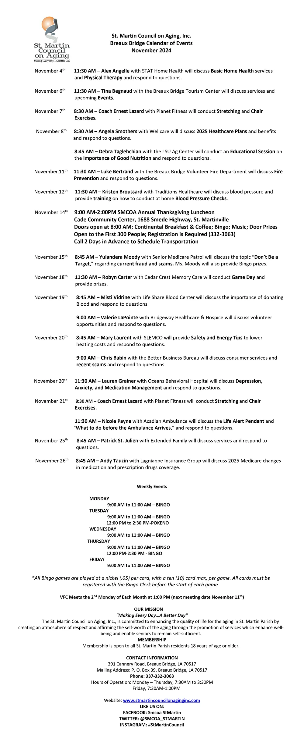 St. Martin Council on Aging, Inc. Breaux Bridge Calendar of Events November 2024