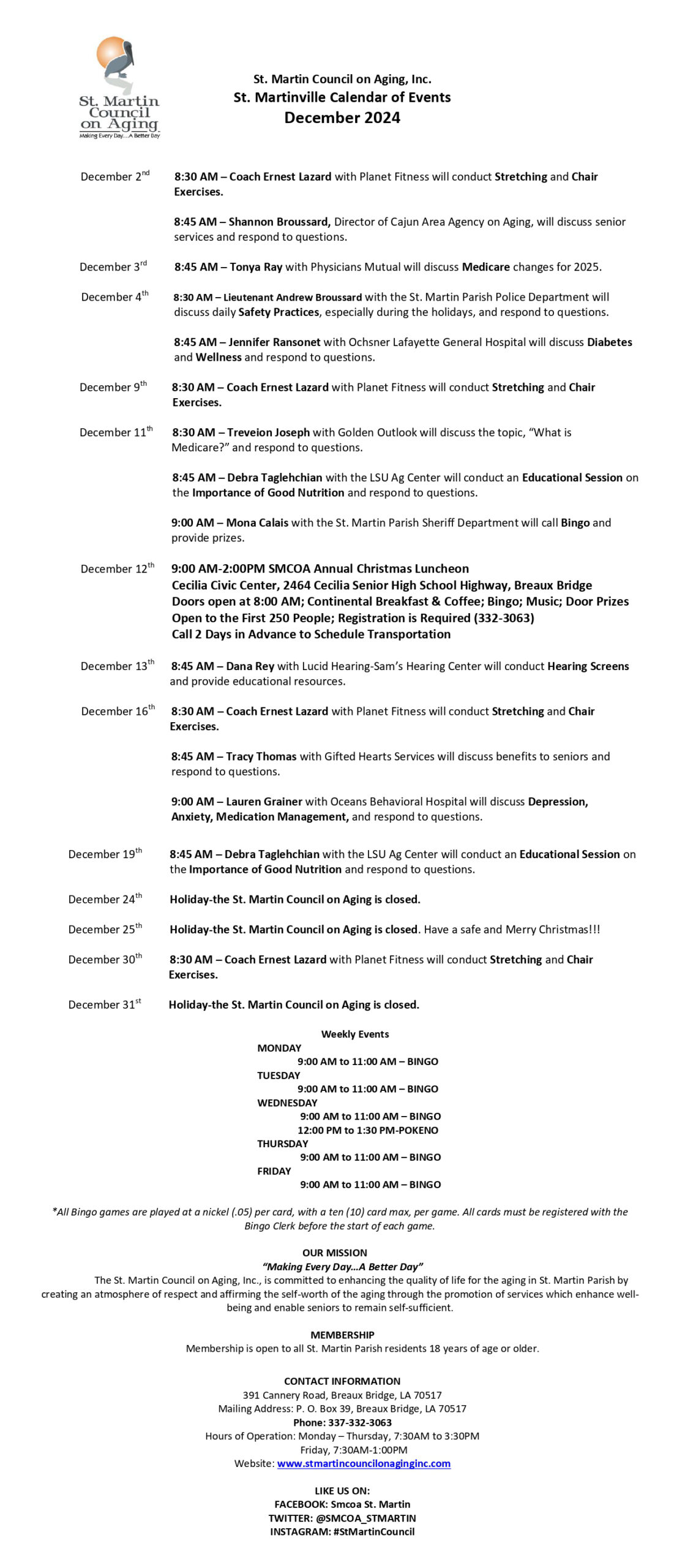 St. Martin Council on Aging, Inc. St. Martinville Calendar of Events December 2024